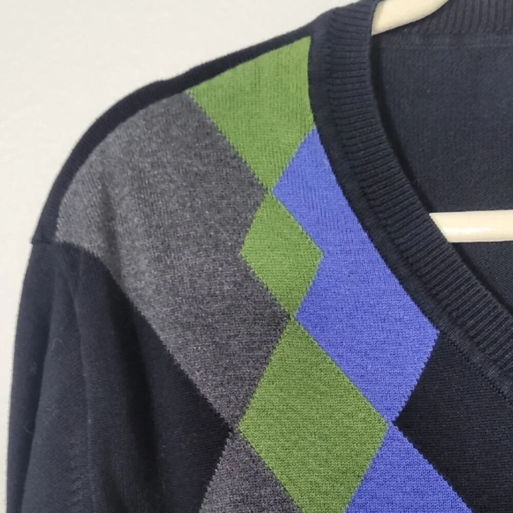 Vintage Mens Argle Crewneck Sweater Size L Cotton Blue Green Preppy Academia Y2K